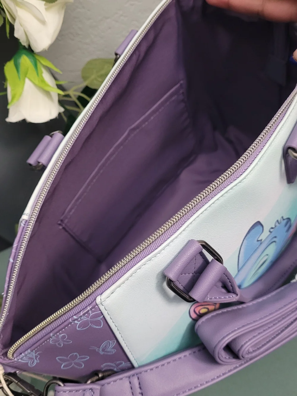 Disney Purple Stitch Floral Print Tote Bag with Pastel Front Art